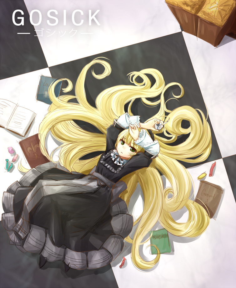 blonde book candies gosick gothic_lolita green_eyes hairband laying lolita_fashion solo victorique_de_broix wide_sleeves