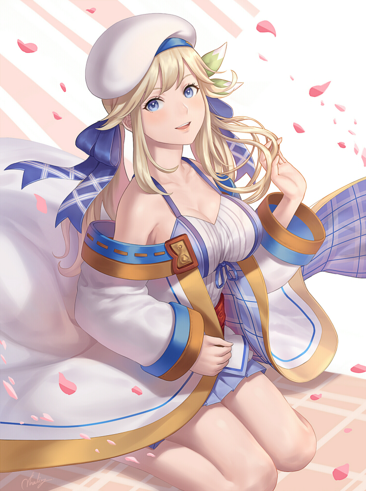1girl :d bangs bare_shoulders beret blonde_hair blue_eyes blue_ribbon blue_skirt breasts cherry_blossoms cleavage collarbone commentary cucouroux_(granblue_fantasy) floating_hair granblue_fantasy green_ribbon hair_ribbon hand_up hat head_tilt jacket large_breasts long_hair long_sleeves looking_at_viewer miniskirt natsuyu off_shoulder open_clothes open_jacket open_mouth pleated_skirt ribbon shiny shiny_hair sidelocks signature sitting skirt smile solo tank_top twintails wariza white_background white_hat white_jacket white_tank_top wide_sleeves wind