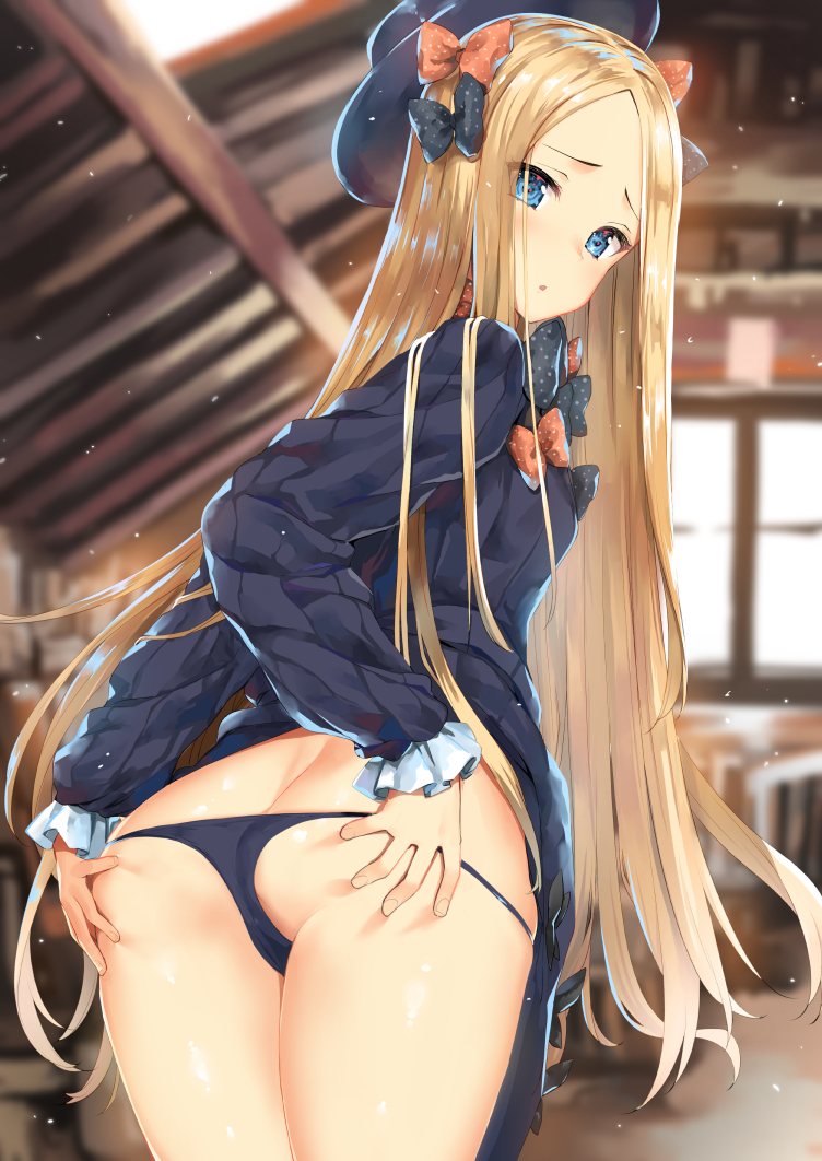 1girl abigail_williams_(fate/grand_order) ass ass_grab bangs black_bow black_dress black_hat black_panties blurry blurry_background blush body_mahattaya_ginga bow butt_crack commentary_request depth_of_field dress dress_lift fate/grand_order fate_(series) forehead from_behind grabbing_own_ass hat indoors long_hair looking_at_viewer looking_back lowleg lowleg_panties open_mouth orange_bow panties parted_bangs polka_dot polka_dot_bow shiny shiny_skin solo spread_ass standing underwear very_long_hair