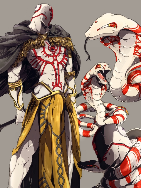 abs animal animal_around_neck black_cape bracer cape eyeball grey_background grin holding holding_weapon kouta_(fxpdj) multiple_views muscle open_mouth original pelvic_curtain simple_background smile snake standing tattoo weapon white_skin