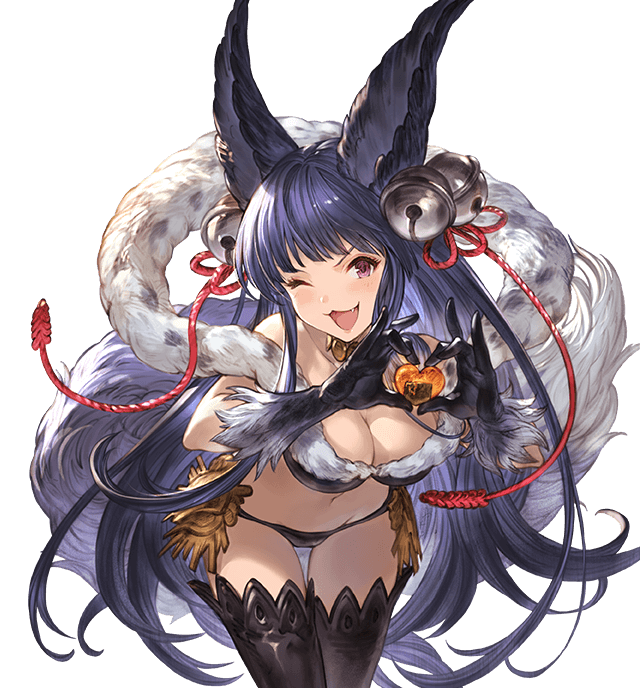 1girl ;d alpha_transparency animal_ears bangs bare_shoulders bell black_gloves black_hair black_legwear blunt_bangs blush breasts chocolate chocolate_heart erune fang fox_ears fox_tail fur fur_trim gloves granblue_fantasy hair_bell hair_ornament heart heart_hands jingle_bell large_breasts long_hair looking_at_viewer minaba_hideo navel official_art one_eye_closed open_mouth red_eyes revealing_clothes smile solo tail thighhighs transparent_background valentine very_long_hair yuel_(granblue_fantasy)