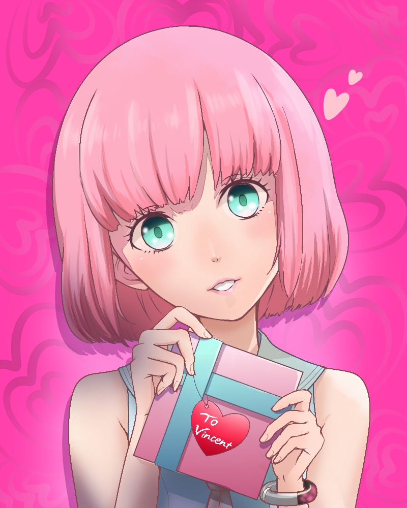 1boy bob_cut bracelet catherine:_full_body catherine_(game) dress eyebrows green_eyes heart jewelry navel pink_hair rin_(catherine) short_hair solo trap