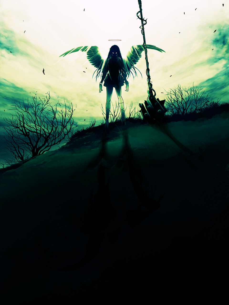 glowing_eyes halo long_hair mace shijimi_(osumashi) silhouette weapon wings