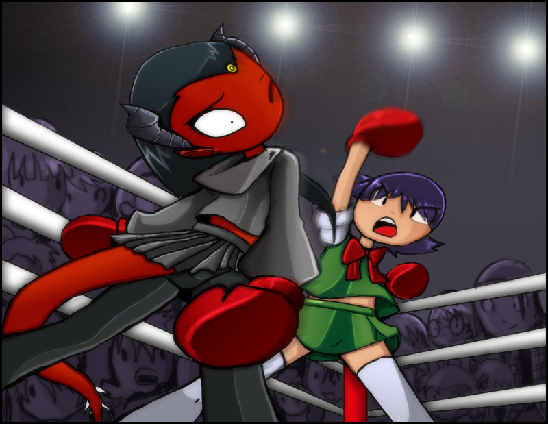 bare_shoulders black_hair bleedman boxing buttercup_(ppg) crowd fight fight_club her_(character) horns lights loli long_hair mimi short_hair shorts sport stadium