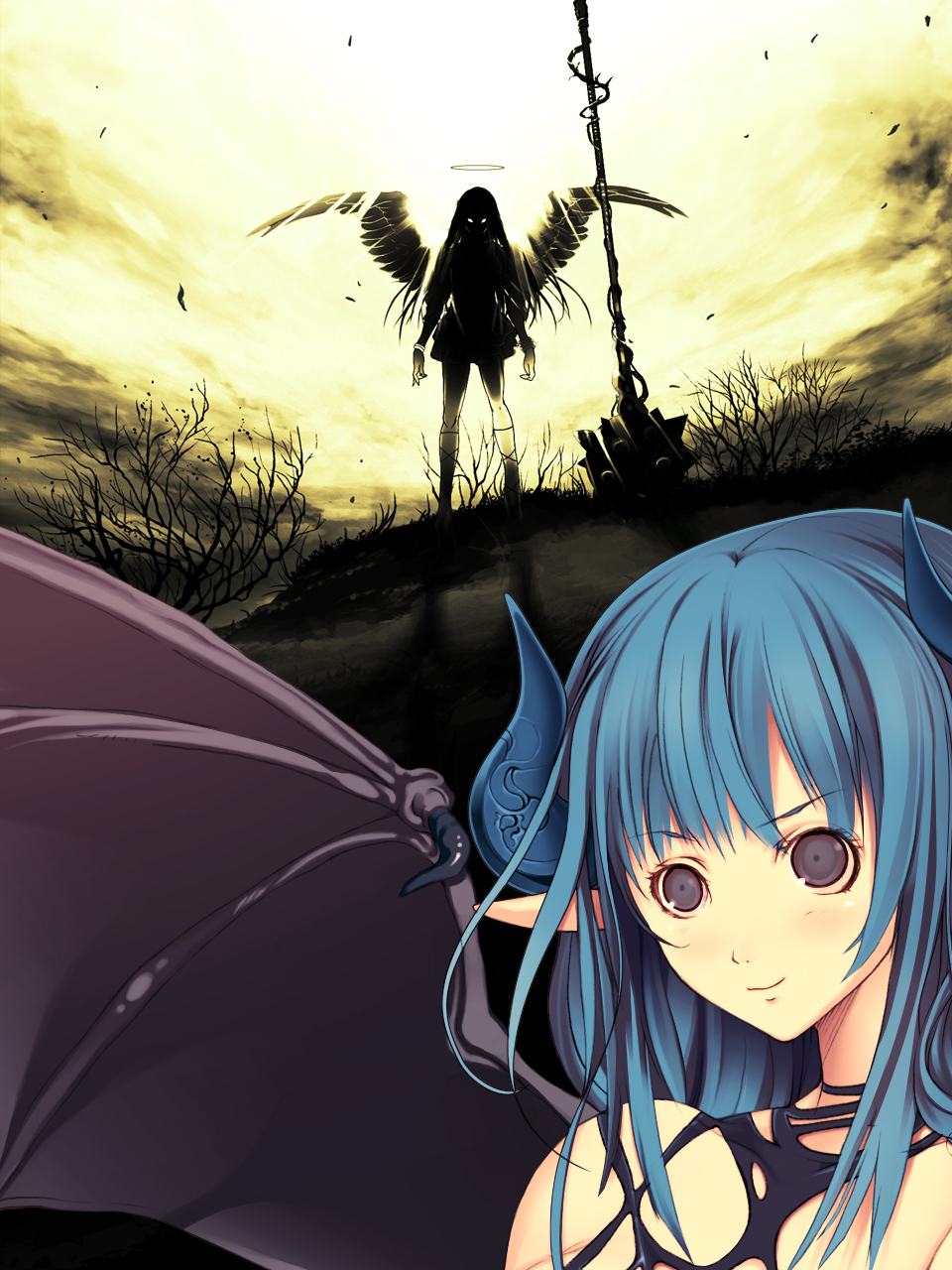 blue_hair demon_girl glowing_eyes grey_eyes halo horns long_hair mace pointed_ears shijimi_(osumashi) silhouette weapon wings
