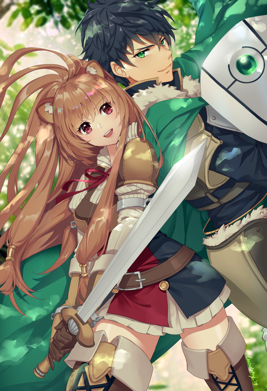 1boy 1girl animal_ears back-to-back black_hair brown_hair cape commentary_request green_eyes highres iwatani_naofumi looking_at_viewer open_mouth raccoon_ears raccoon_tail raphtalia red_eyes shield smile sword tail tate_no_yuusha_no_nariagari weapon yume_ou