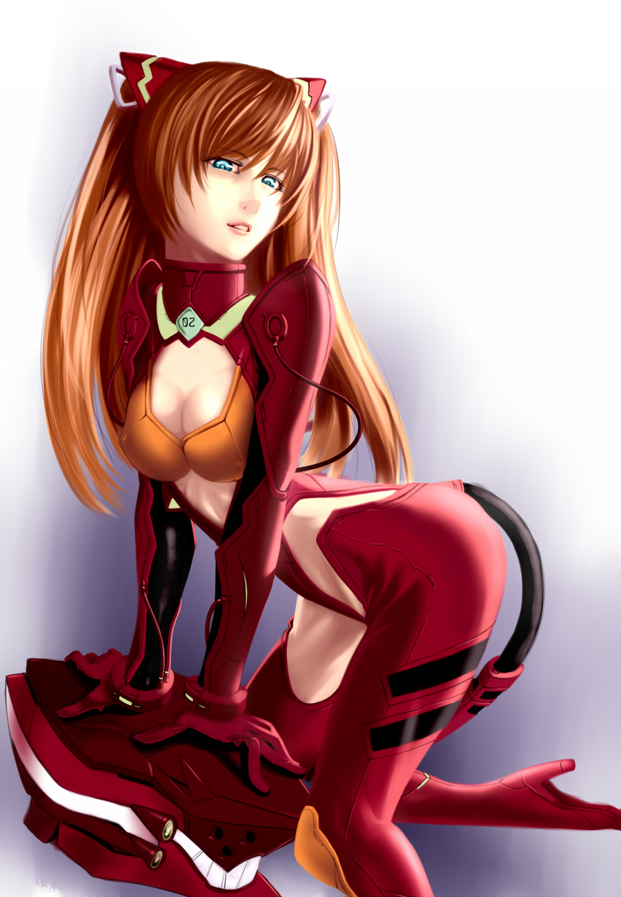 asuka_langley blue_eyes cleavage long_hair neon_genesis_evangelion open_mouth orange_bra orange_hair plugsuit twin_tails zealt