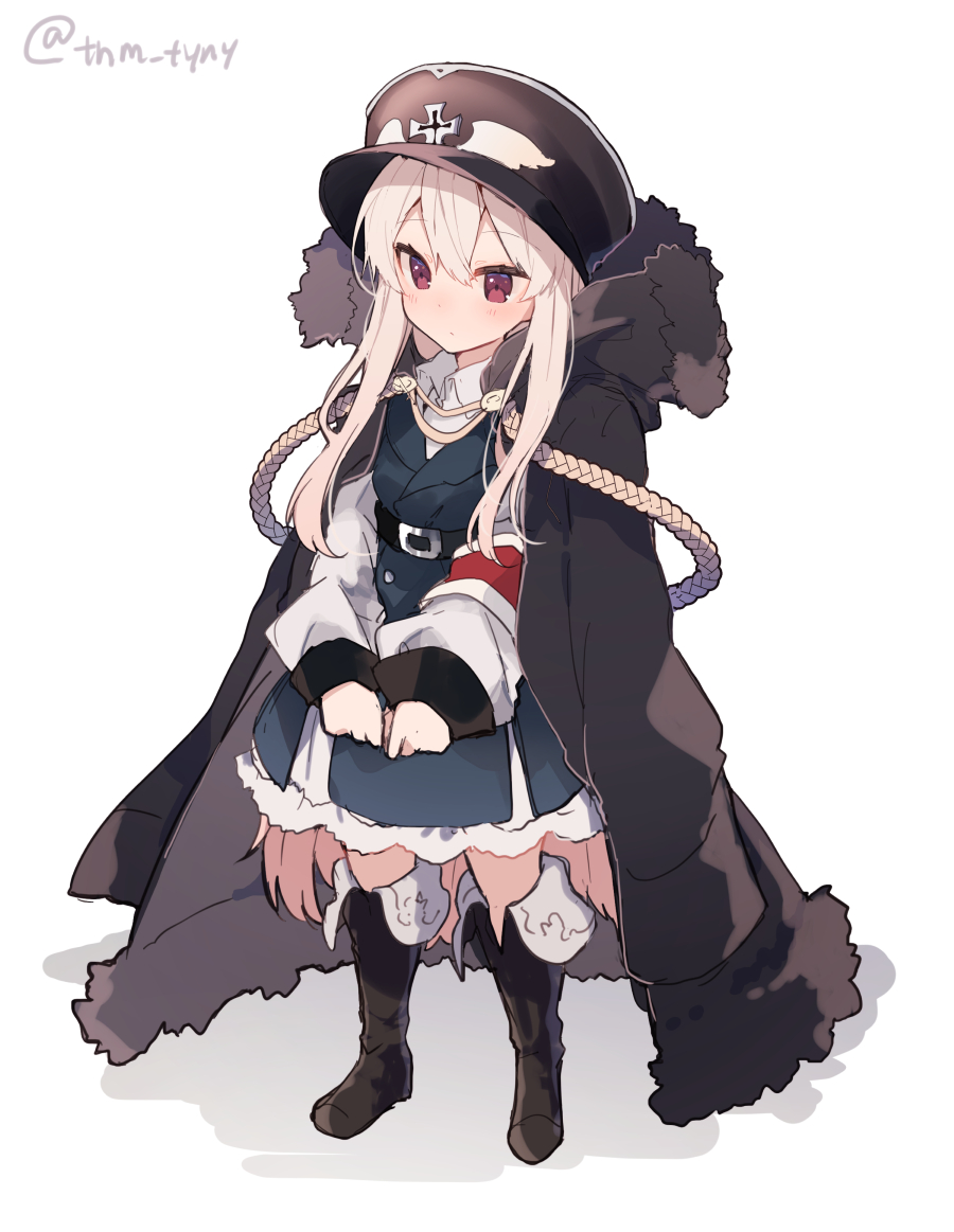 1girl aiguillette armband belt belt_buckle black_coat boots buckle double-breasted expressionless fur_trim girls_frontline hat ikeuchi_tanuma jacket_on_shoulders kar98k_(girls_frontline) long_hair long_sleeves military military_uniform peaked_cap red_eyes solo thigh_boots thighhighs uniform very_long_hair white_hair younger