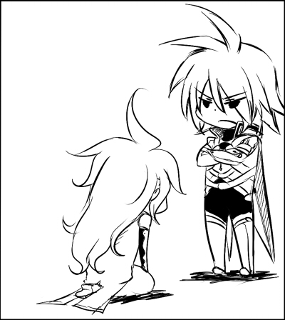 chibi crossed_arms frown kratos_aurion long_hair lowres male male_focus monochrome short_hair sketch tales_of_(series) tales_of_symphonia zelos_wilder