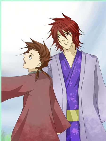 age_difference alternate_costume brown_hair father_and_son japanese_clothes kratos_aurion lloyd_irving short_hair tales_of_(series) tales_of_symphonia