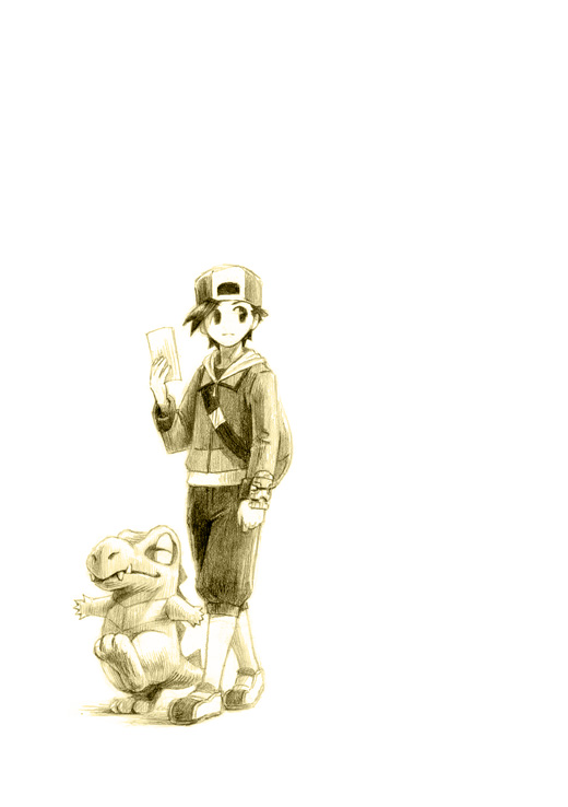 alternate_costume backwards_hat bag baseball_cap chiba_(tibaacss) gen_2_pokemon gold_(pokemon) hat monochrome pokemon pokemon_(creature) pokemon_(game) pokemon_hgss satchel sepia totodile