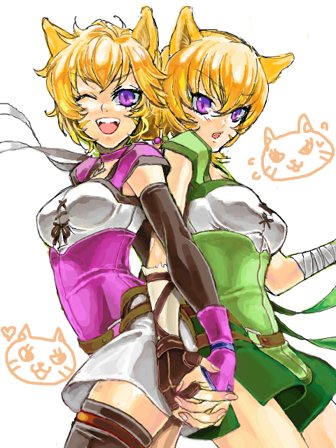 2girls animal_ears blonde_hair brown_hair cat fang female fire_emblem fire_emblem:_akatsuki_no_megami fire_emblem_radiant_dawn gloves hand_holding laguz laguz_(race) lethe long_hair lyre_(fire_emblem) multiple_girls one_eye_closed open_mouth purple_eyes siblings simple_background sisters smile tail thigh-highs thighhighs violet_eyes wink