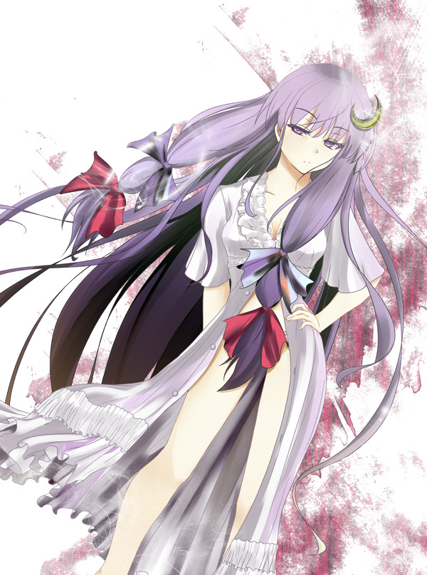 bare_legs bow breasts camisole cleavage collarbone crescent crescent_hair_ornament hair_bow hair_censor hair_ornament legs long_hair medium_breasts no_hat no_headwear open_clothes open_robe panties patchouli_knowledge purple_eyes purple_hair robe shiina_shian short_sleeves solo standing thighs touhou underwear very_long_hair
