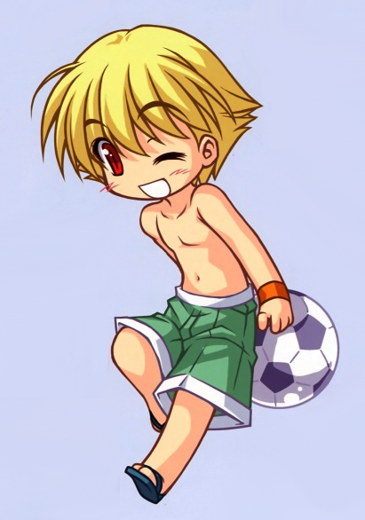ball black_(artist) blonde_hair chibi child cropped fate/hollow_ataraxia fate/stay_night fate_(series) gilgamesh male_focus one_eye_closed open_mouth red_eyes sandals shirtless shorts smile soccer_ball
