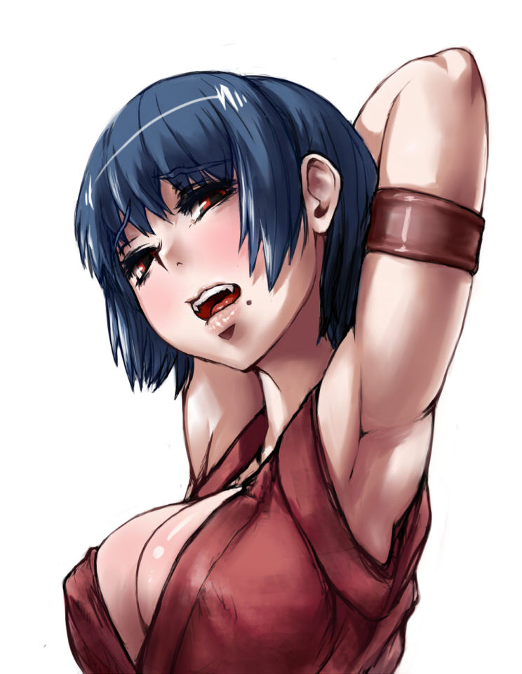 arm_up armlet armpits blue_hair blush breasts cleavage japanese_clothes large_breasts mole mole_under_mouth original red_eyes sgk short_hair simple_background solo