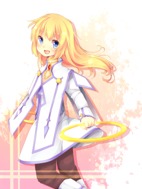 blonde_hair blue_eyes boots chakram choker coat collet_brunel heart long_hair pants pantyhose smile solo suzuna_(mark_of_luck) tales_of_(series) tales_of_symphonia weapon