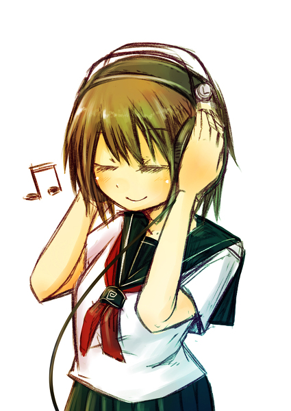 brown_hair eyes_closed headphones school_uniform smile solo standing