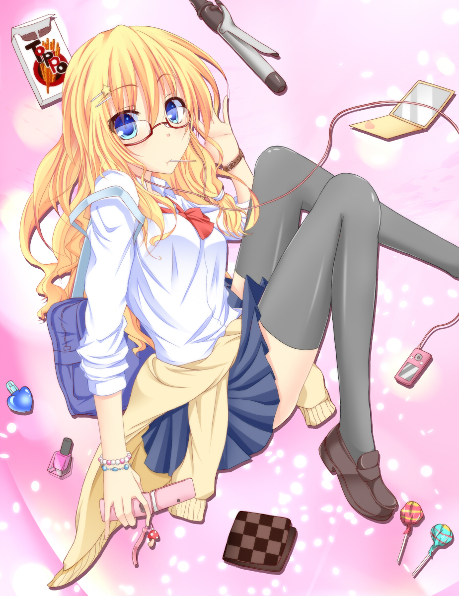 alternate_costume bespectacled blonde_hair blue_eyes cellphone cellphone_charm cellphone_strap colorized flask_(pandora) glasses highres kirisame_marisa noumin phone school_uniform sleeves_pushed_up solo thighhighs toppo touhou