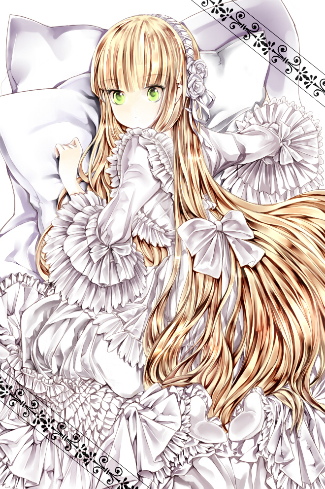 bangs bed blonde_hair blunt_bangs cloud_lambeth dress frilled_sleeves frills gosick green_eyes hairband lolita_fashion lolita_hairband long_hair on_bed pillow solo too_many too_many_frills very_long_hair victorica_de_blois white