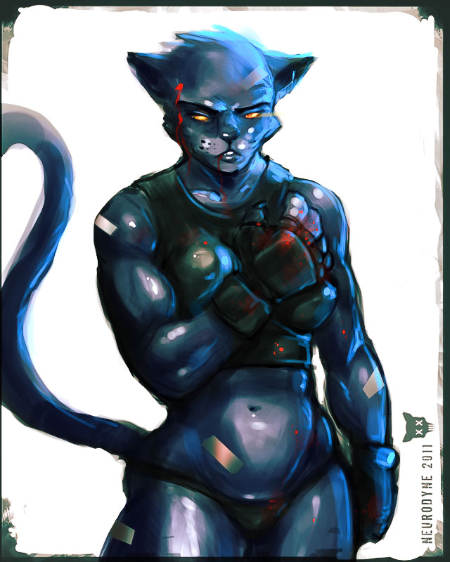 angry band-aid belly biceps big blood breasts butch cagefighter cat dirty eyes feline female fighter glowing highlights mammal muscles muscular_female neurodyne patches solo sticking_plaster sweat