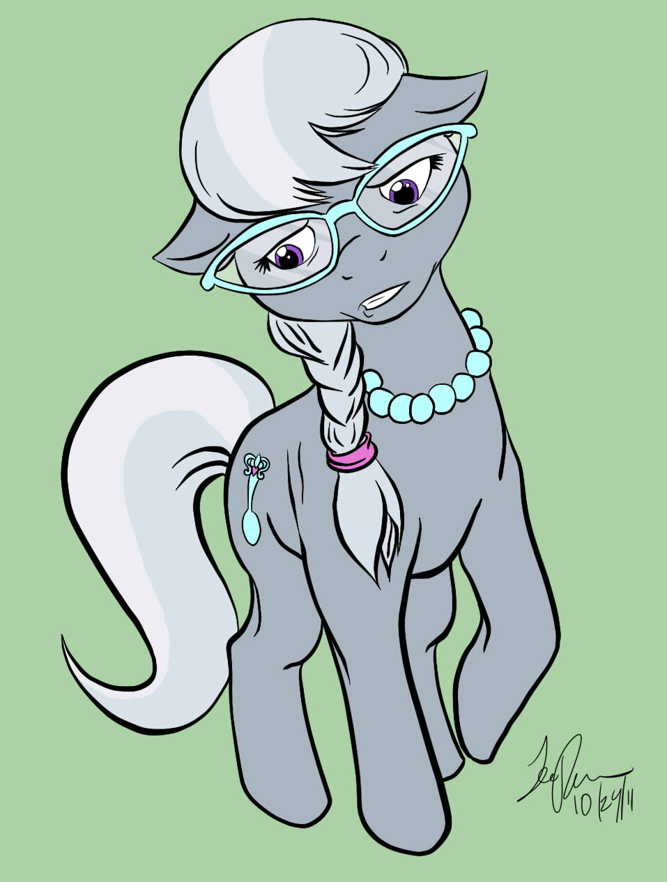 cartoon cub cutie_mark equine eyewear female feral friendship_is_magic glasses grey_body grey_hair hair horse kibugamikenzo mammal my_little_pony necklace pony ponytail purple_eyes sad silver_spoon_(mlp) solo spoon standing teeth young