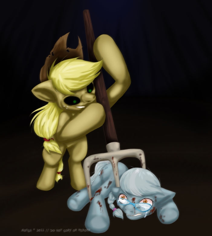 angry applejack_(mlp) blonde_hair blood cartoon corpse cowboy_hat crying cub cutie_mark dark_background death equine evil_grin eyewear female feral friendship_is_magic fur glasses green_eyes grey_fur grin hair hat horse kill mammal motch my_little_pony nightmare_fuel orange_eyes pitchfork pony ponytail psycho rape_face silver_spoon_(mlp) smile tears teeth th violence wood wounded yellow_body young