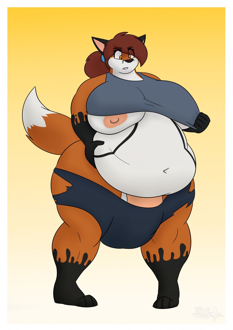 anthro balls big_breasts biped black_nose breasts canine clothed clothing expansion female fox herm intersex mammal nipples orange_eyes overweight overweight_intersex penis signature simple_background solo standing theroflcoptr