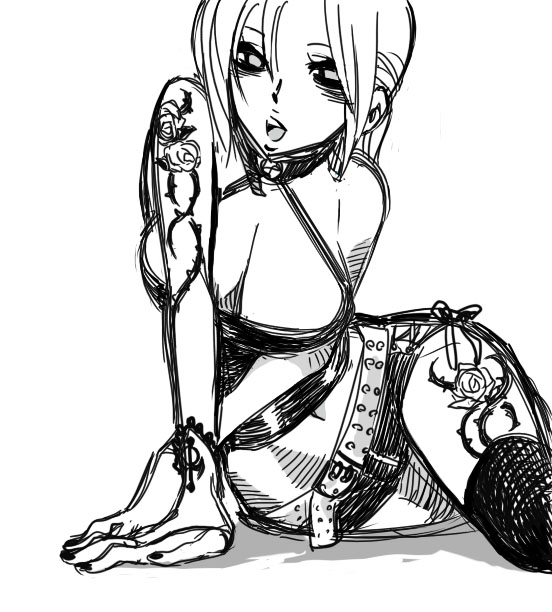breasts choker cleavage face flower greyscale halter_top halterneck large_breasts lying microskirt monochrome navel nina_williams nonjake on_side rose sketch skirt solo tattoo tekken thighhighs