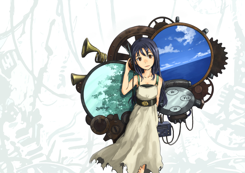 black_hair digital_media_player dress forest gears horn horn_(instrument) mp3_player nature ocean original smile steampunk