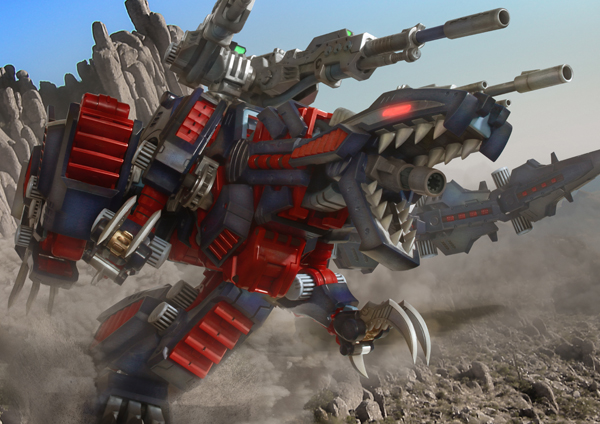 beam_rifle cannon claws dinosaur dust energy_gun genosaurer glowing glowing_eyes gun mecha no_humans open_mouth robographer sharp_teeth solo tail teeth tyrannosaurus weapon zoids zoids_chaotic_century