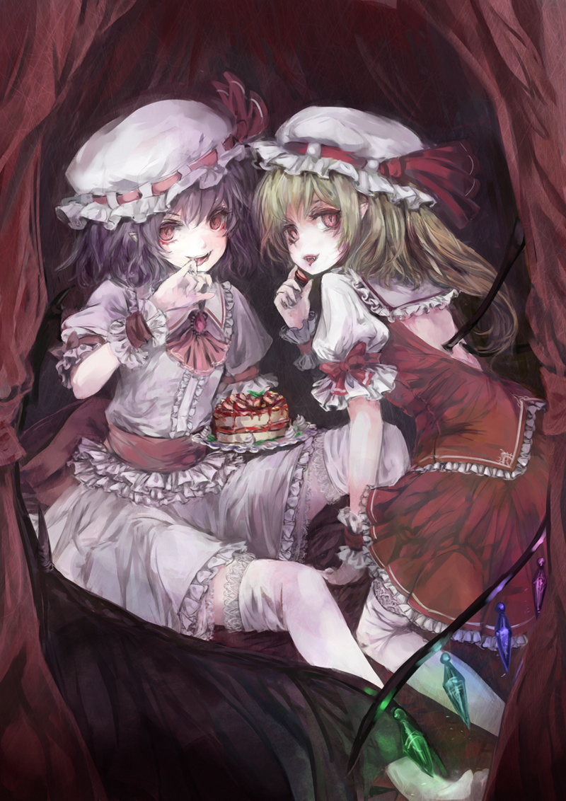 ascot backless_dress backless_outfit blonde_hair blue_eyes blue_hair cake childofa dress fangs flandre_scarlet food hat multiple_girls open_mouth plate red_eyes remilia_scarlet shirt siblings side_ponytail sisters sitting skirt skirt_set thighhighs touhou white_legwear wings wrist_cuffs