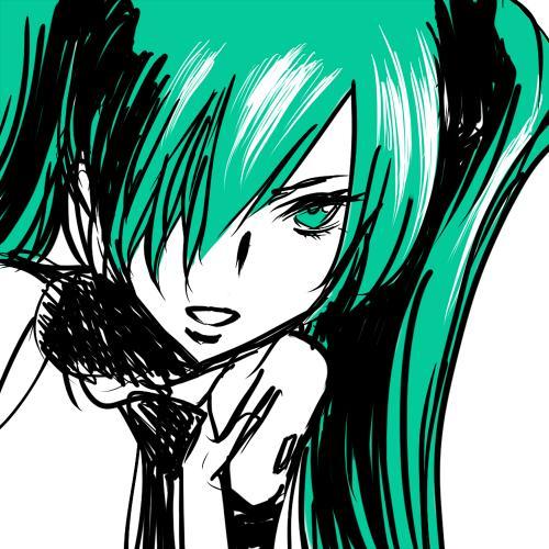 eyelashes face green_eyes green_hair hair_over_one_eye hatsune_miku long_hair lowres necktie nonjake portrait sketch solo tattoo twintails vocaloid