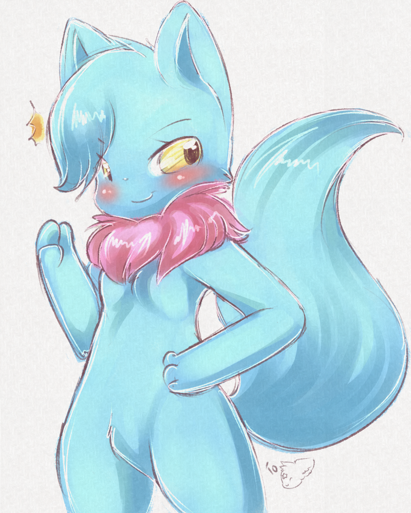 blue blue_hair breasts cat cute feline female fur hair mammal neopets nude parupi pink pink_fur shineymagic smile solo standing tuft wocky