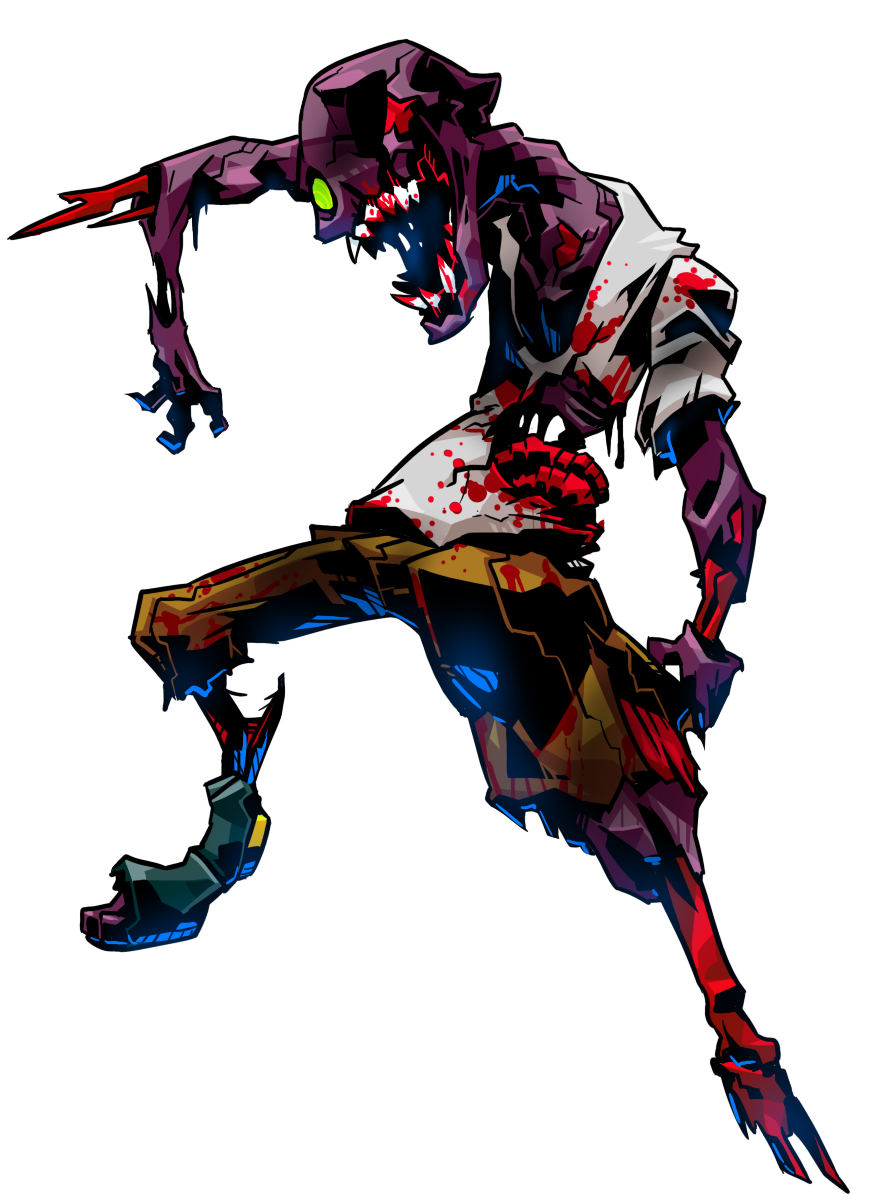 blood bloody_clothes bone crazy_eyes glowing glowing_eye green_eyes guro high_contrast highres injury intestines no_humans one-eyed original pose purple_skin sharp_teeth shirt sido_(slipknot) solo t-shirt teeth torn_clothes transparent_background undead zombie