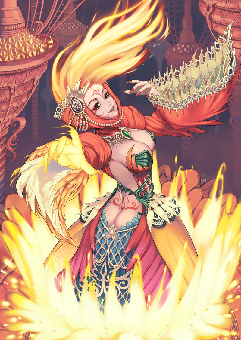 1girl ass back bad_id bad_pixiv_id beads breasts cleavage facial_mark feathers fiery_hair fingernails fire long_hair looking_at_viewer medium_breasts nail_polish original tattoo