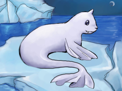 blue_eyes dewgong dugong fangs fins fur horn ice moon nintendo pok&#233;mon pok&eacute;mon solo tail teraphim video_games water white white_fur