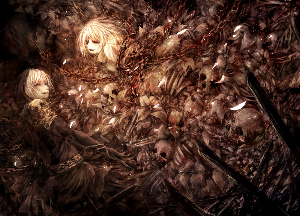 1boy 1girl artist_request blonde_hair bone bones monster monster_girl original skull