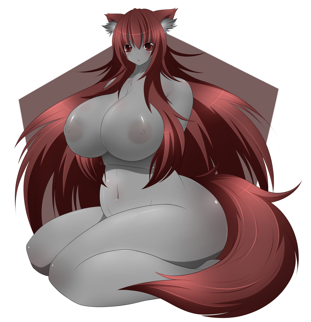 1girl animal_ears big_breasts big_butt blush breasts butt canine chubby curvy dark_skin female fur fzn grey_fur grey_skin hair hips huge_breasts human kneeling long_hair mammal navel nipples nude open_mouth personification plain_background raised_arm red_eyes red_hair shadow shiny solo tail unknown_artist white_background wide_hips wolf