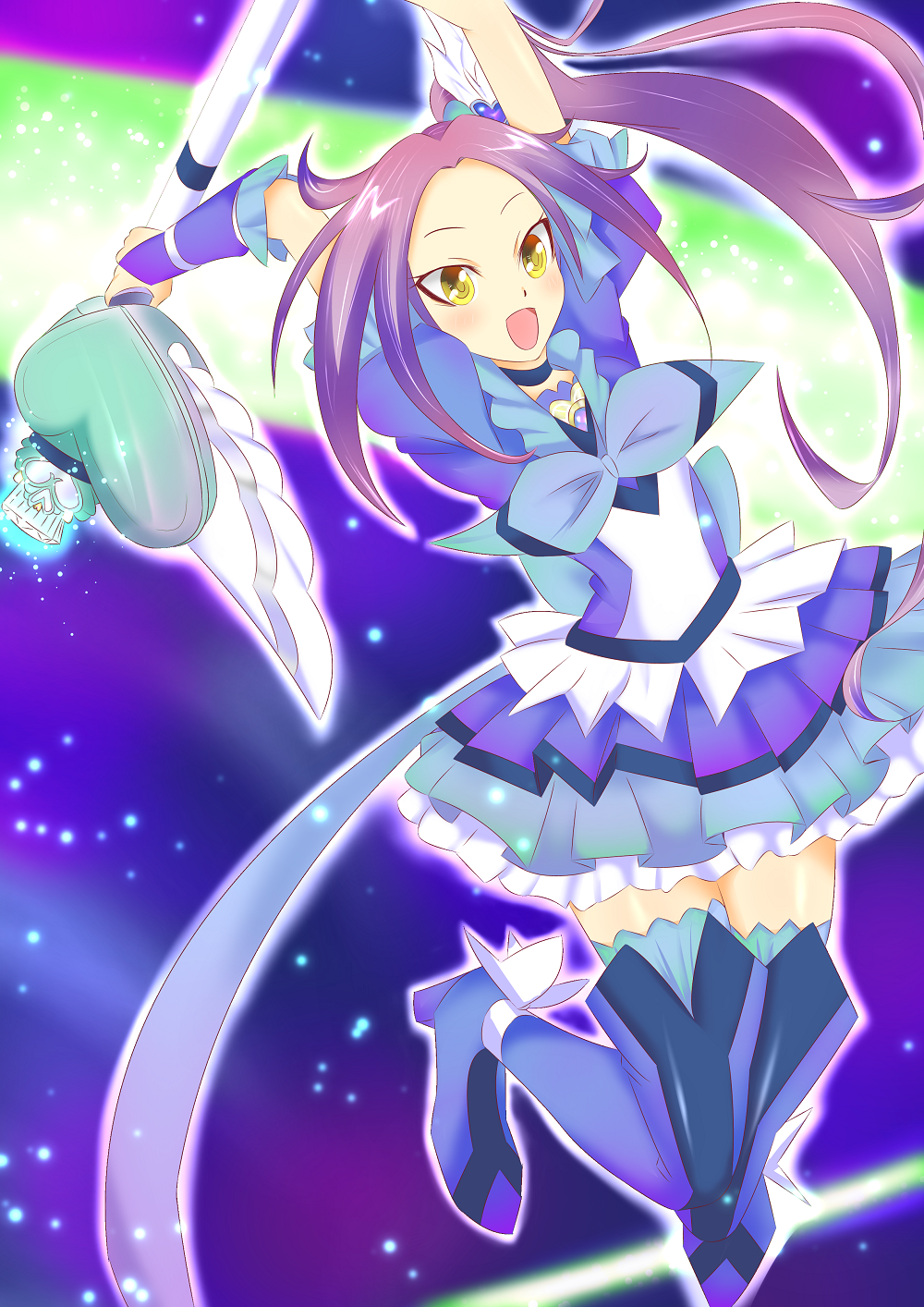 blue_legwear boots cure_beat dress frills heart highres kikyou_(kiss-shot) kurokawa_eren long_hair magical_girl precure purple_hair seiren_(suite_precure) side_ponytail solo suite_precure thigh_boots thighhighs yellow_eyes