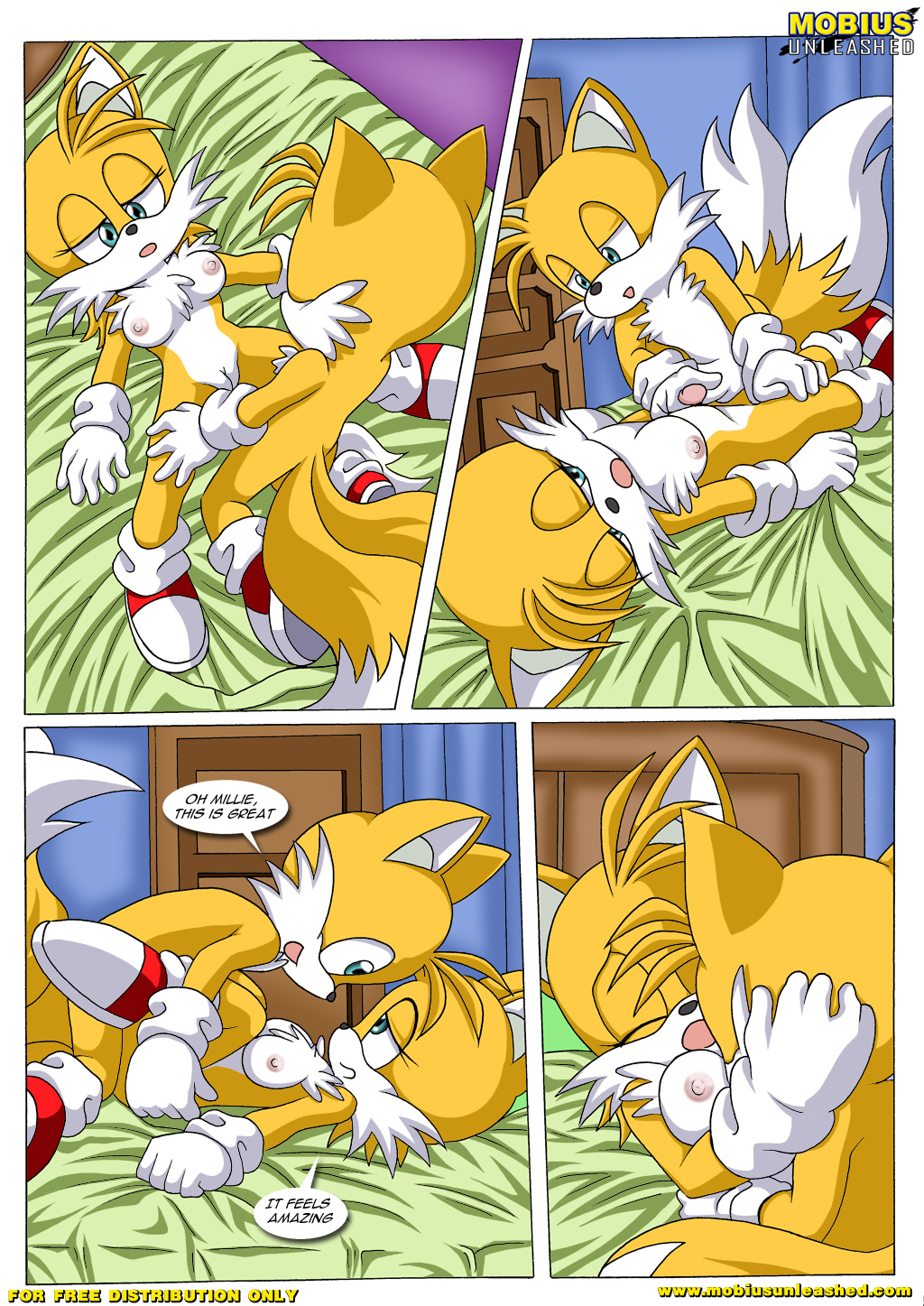 bed breasts canine comic dialog english_text female fox lying male mammal miles_prower millie millie_prower mobius_unleashed multiple_tails nipples penetration penis pussy sega selfcest sex sonic_(series) square_crossover straight text vaginal vaginal_penetration