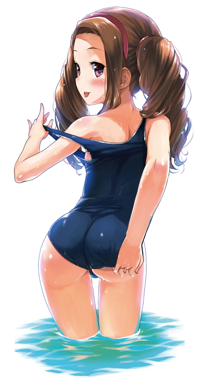 1girl :p adjusting_clothes adjusting_swimsuit ass blush brown_hair drill_hair from_behind highres idolmaster long_hair looking_back minase_iori shirane_taito simple_background solo strap_pull swimsuit thighs tongue tongue_out twintails water wet