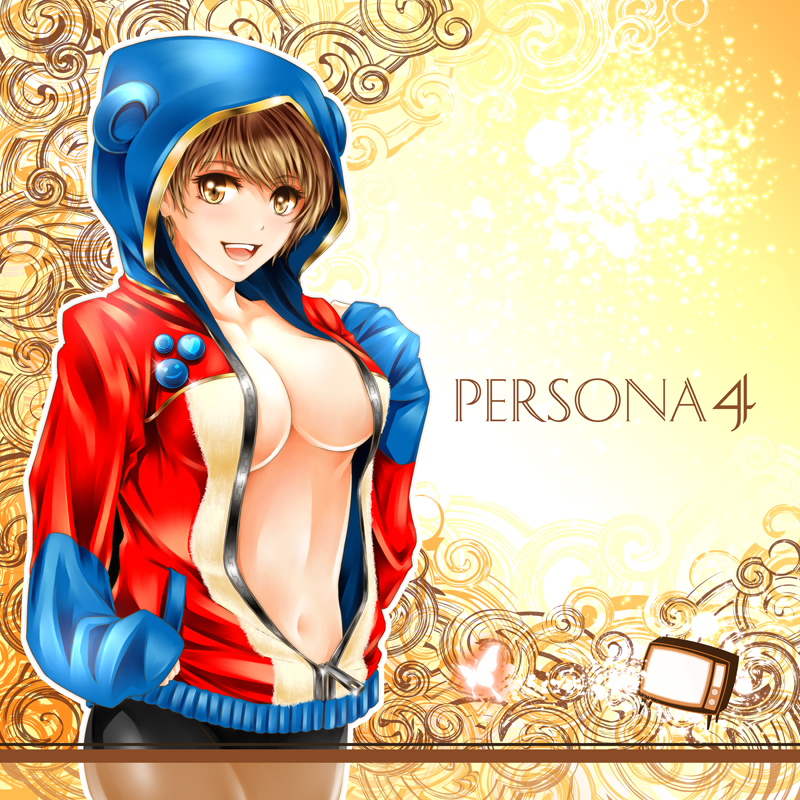 animal_ears arkatopia bear_ears bike_shorts breasts brown_eyes brown_hair buttons cleavage cosplay hood hoodie kuma_(persona_4) kuma_(persona_4)_(cosplay) large_breasts navel open_clothes persona persona_4 satonaka_chie short_hair smile solo television unzipped