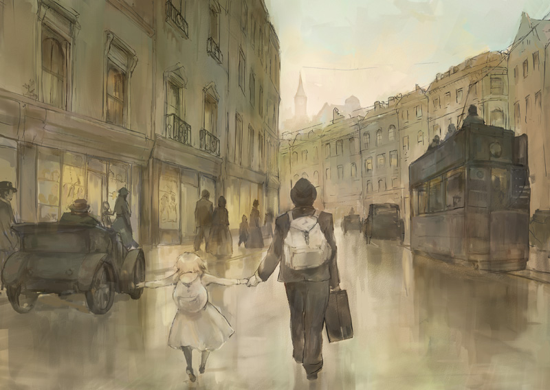 1girl backpack bag car child city cloud cloudy_sky father_and_daughter from_behind ground_vehicle holding_hands monochrome motor_vehicle original outstretched_arms perspective rain road sepia sky spread_arms street streetcar suitcase tori_(qqqt)