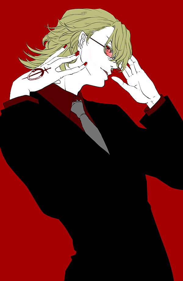 bad_id bad_pixiv_id blonde_hair flat_color formal male_focus nail_polish ouroboros ourobunny red_eyes simple_background solo suit t3run tattoo tiger_&amp;_bunny