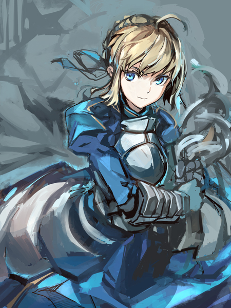 armor armored_dress artoria_pendragon_(all) blonde_hair blue_eyes conjaku dress fate/stay_night fate/zero fate_(series) faulds gauntlets saber solo