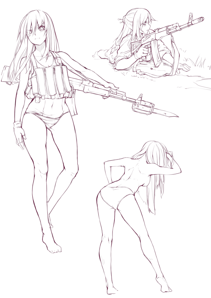 ak-74 arched_back assault_rifle bare_shoulders barefoot bayonet blush collage crawling fangdan_runiu fingerless_gloves from_behind gloves grass gun hair_bun hair_ornament hairpin highres leaning_forward load_bearing_vest long_hair monochrome multiple_girls navel on_ground original panties rifle school_swimsuit sketch standing swimsuit topless trigger_discipline underwear weapon