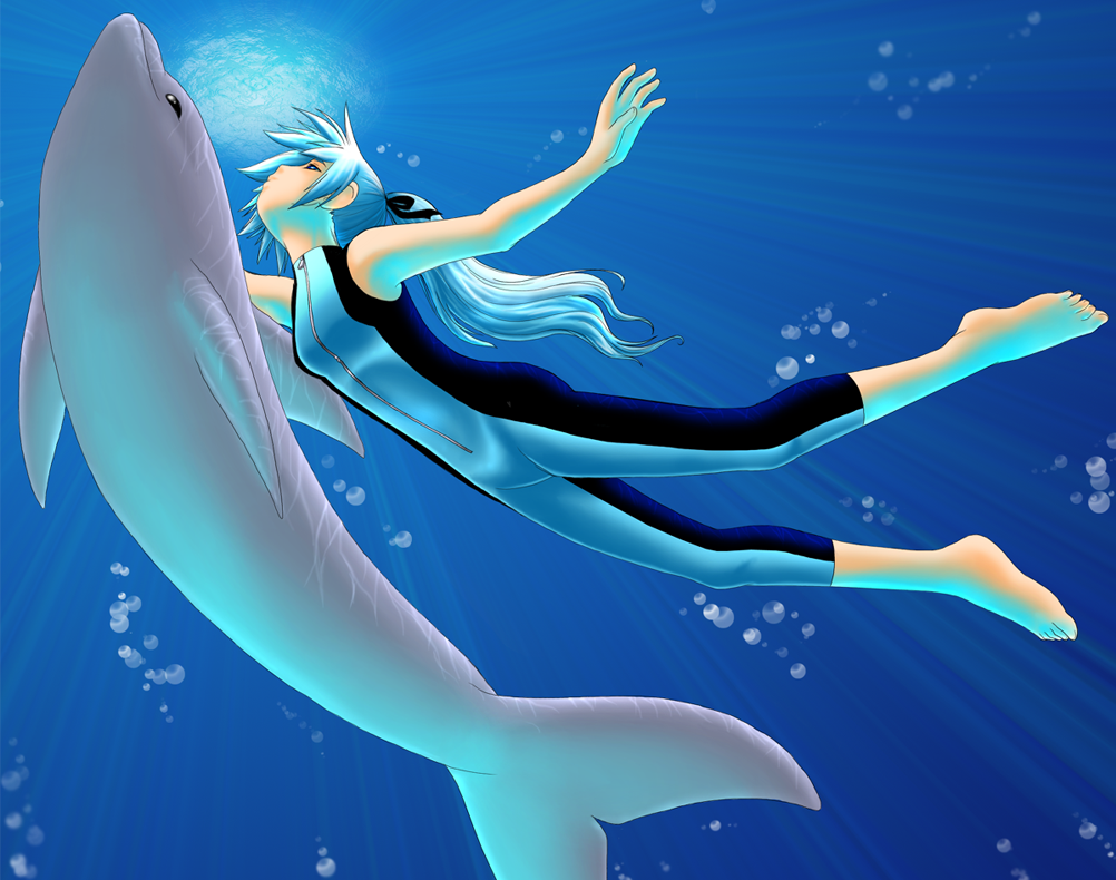 barefoot blue_eyes blue_hair bubble cherry_rhymes copyright_request diving diving_suit dolphin feet freediving hair_ribbon long_hair ocean ponytail ribbon solo swimming underwater water wetsuit