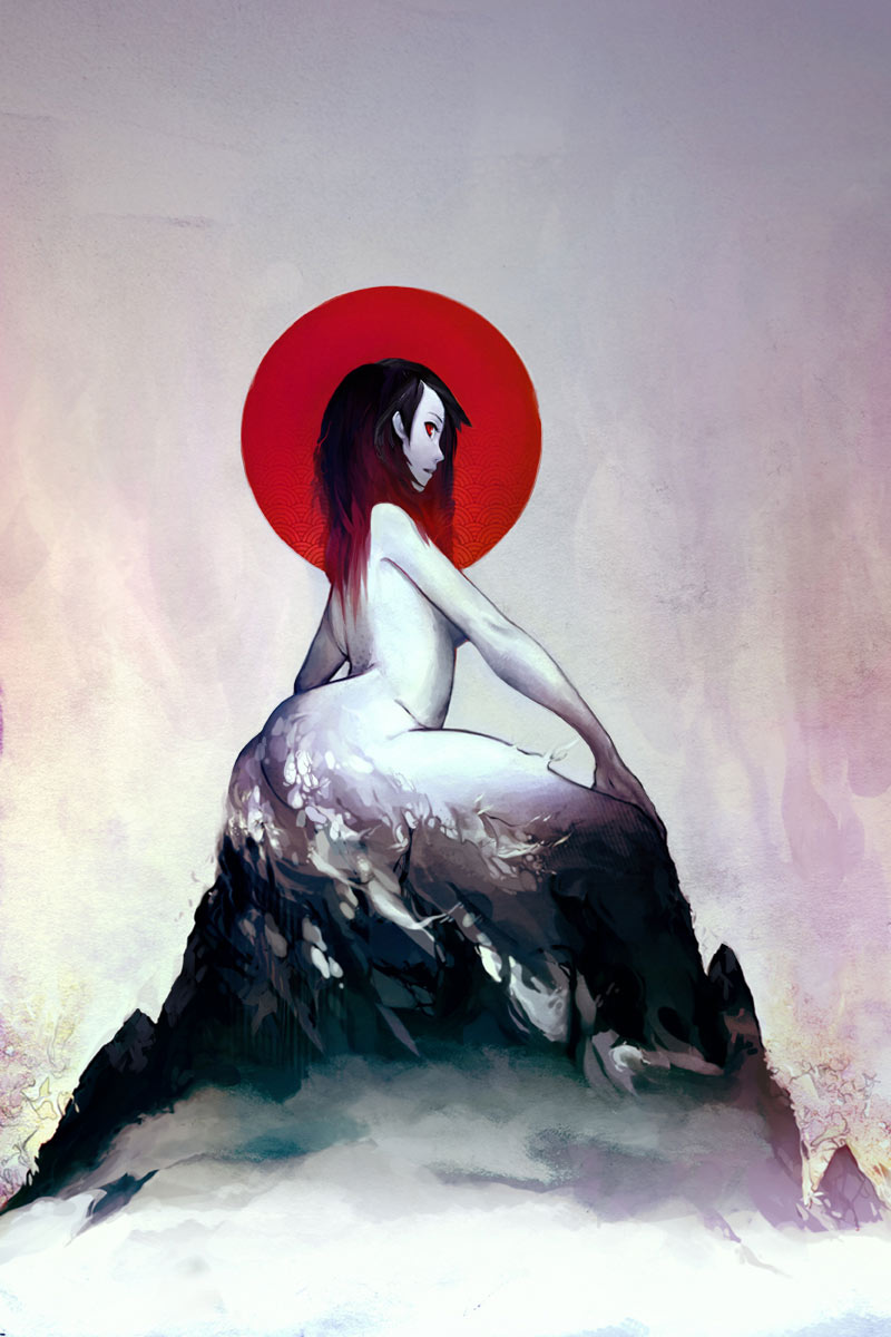 ass flag_background giantess highres japan japanese_flag looking_back mountain nude original personification profile red_eyes seigaiha solo stein