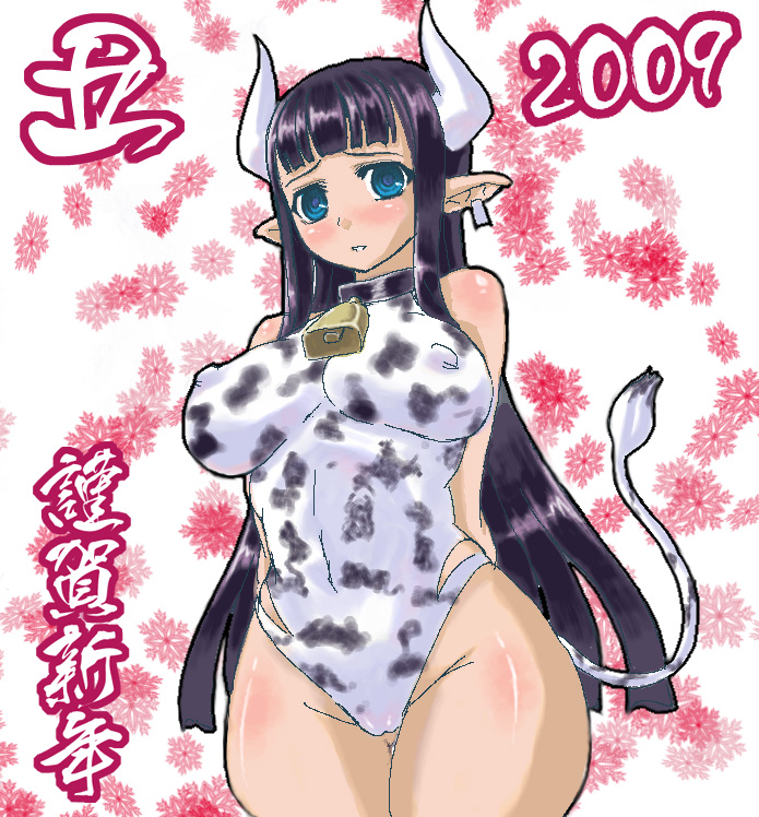 bell blue_eyes blush breasts cow cow_bell female nururyun pussy
