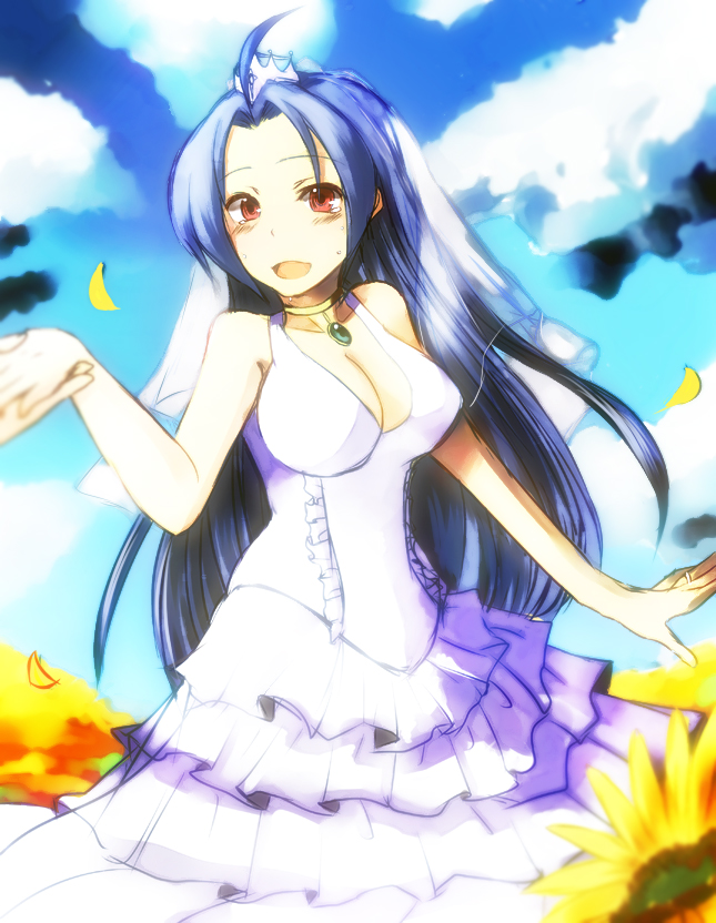 ahoge bare_shoulders blue_hair blush breasts choker cleavage crown dress foro_(planet_cage) idolmaster idolmaster_(classic) jewelry large_breasts long_hair miura_azusa open_mouth red_eyes ring smile solo tears veil very_long_hair wedding_dress